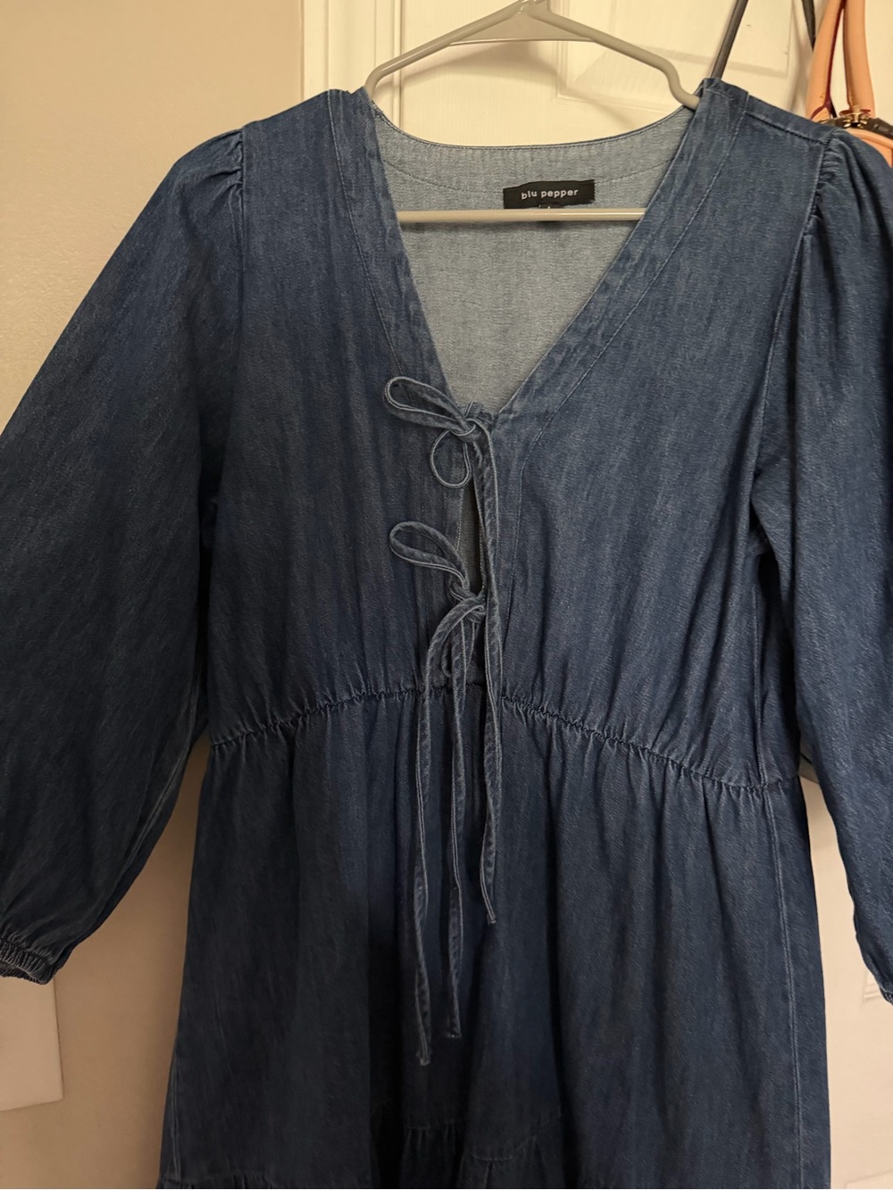Denim Tie-Front Tiered Midi Dress - Blue - Picture 2 of 4